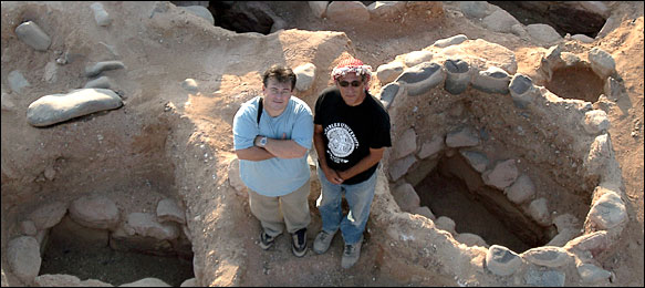 Dr. Russell B. Adams, left, and Dr. Thomas E. Levy at Khirbat Hamra Ifdan, where excavators uncovered an ax casting mold and a copper ax.